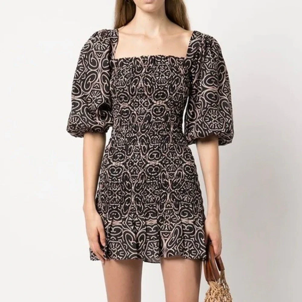 Alexis Mini Dress Womens XS Black Geometric Smocked Puff Sleeve Linen Ruffle